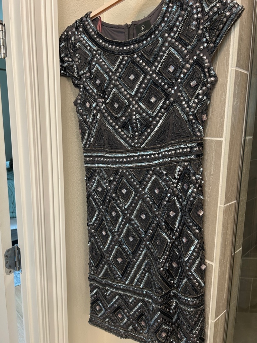 Adrianna Papell Black Beaded Midi Dress